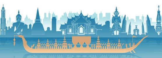 thailand berühmtes wahrzeichen im landschaftsdesign und königlich thailändisches boot silhouette design in blauer und orange-gelber farbe