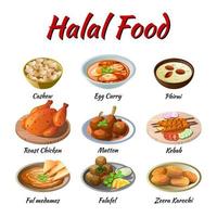uppsättning av utsökt och berömd mat av halal i färgglad gradient platt designikon vektor