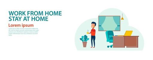 banner av tecknad version av att arbeta hemma och stanna hemma vektor