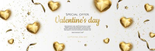 happy valentine s day romantisches kreatives banner, horizontaler header für website. Hintergrund realistisches 3D-Herz mit goldenem Konfetti. vektor
