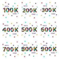 danke 100-900k Follower Zahlen Postkartenset. vorlage für internetmedien und soziale netzwerke. vektor