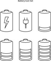 batteriikonuppsättning isolerad på vit bakgrund. batteriikon tunn linje kontur linjär batterisymbol för logotyp, webb, app, ui. batteriikonen enkelt tecken. vektor