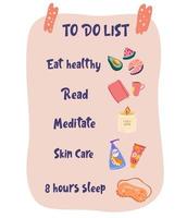 Self-Care-Checkliste und Routine-to-do-Ideen. Entspannung, gesunde Ernährung, Gesundheit, Glück, Motivation, Hautpflege, Lesen, Schlafen. vorlage für aufkleber, haftnotizen, planer, checklisten. Vektor