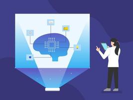 kvinnlig vetenskapsman designar och förklarar artificiell intelligens. framtida teknik vektor