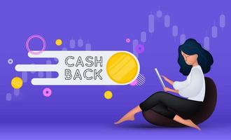 hellviolettes Cashback-Banner. das mädchen sitzt auf einem pouf und hält ein tablet in der hand. Konzept zum Thema Ertrag. Vektor-Illustration. vektor