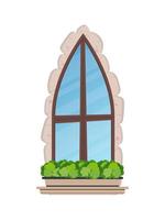 altes Fenster mit Blumen und Steinverkleidung. Cartoon-Stil. Vektor