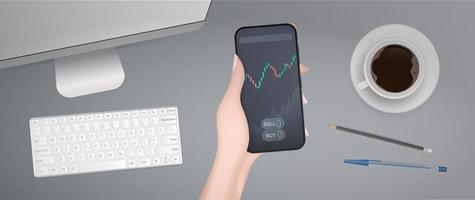 begreppet handel på finansbörsen. en hand håller en telefon med en tillväxtgraf. analytiker eller handlares arbetsplats. vektor illustration.