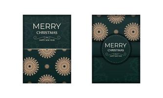Postkarte frohe Weihnachten und guten Rutsch ins neue Jahr in dunkelgrüner Farbe mit gelbem Vintage-Ornament vektor