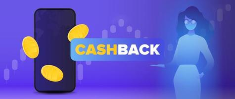 cashback banner. guldmynt under flygning, telefon. ett hologram av en flicka med glasögon. futuristisk siluett av en flicka i neonljus. vektor. vektor