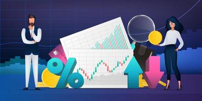 man och kvinna är affärsmän. brevpapper med affärsdiagram, uptrend linjediagram, guldmynt, bankkort, plånbok, förstoringsglas. bakgrund med finansiella diagram. neon färger. vektor. vektor