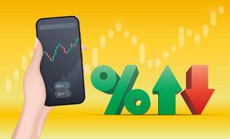 Eine Hand hält ein Telefon mit einem Wachstumsdiagramm. das Konzept des Handels an der Finanzbörse. volumetrischer realistischer Stil. Vektor. vektor