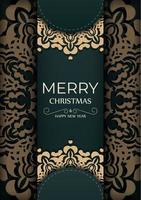 Frohe Weihnachten und ein glückliches neues Jahr Grußkartenvorlage in dunkelgrüner Farbe mit luxuriösem gelbem Muster vektor