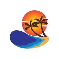 natur logotyp solnedgång på tropisk strand design vektor