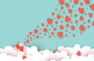 illustration presentförpackning med flygande kärlek och alla hjärtans dag, origami papperssnitt stil, hjärta flyta på himlen, dekoration moln kreativ konst, digital hantverk vektor