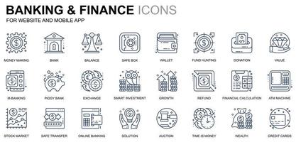 einfache Symbole für Bank- und Finanzlinien für Websites und mobile Apps. enthält Symbole wie Gleichgewicht, E-Banking, Auktion, finanzielles Wachstum. Symbol für konzeptionelle Farblinie. Vektor-Piktogrammpaket.