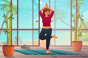 Yoga-Raumkonzept im flachen Cartoon-Design. Frauen, die Asanas machen, Balancefähigkeiten ausüben oder meditieren, stehen auf einer Matte im Studio mit Fenster und Pflanzen. vektorillustration mit personenszenenhintergrund vektor