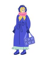 ein Mädchen in einem langen Wintermantel mit einem voluminösen Snood, einer großen Tasche und Plateauschuhen. modische Winter- und Herbstkleidung. Streetstyle. illustration im flachen stil vektor