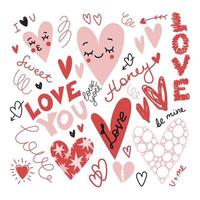 romantiskt hjärta och kärlek i platt doodle stil vektor