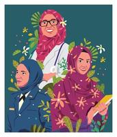 vektor illustration av tre kvinnor muslimah yrken kaplan, läkare, student