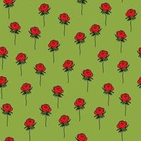seamless mönster med en röd ros på en grön bakgrund. doodle stil. blommig och växtbaserad. för buketter, dekorationer. vektor
