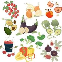 set von gemüse und obst. frisches Gemüse für den Markt. landwirtschaftliche Produkte. Gemüse und Obst für Menüs, Präsentationen. Tomate, Zwiebel, Feige, Apfel, Avocado. vektor