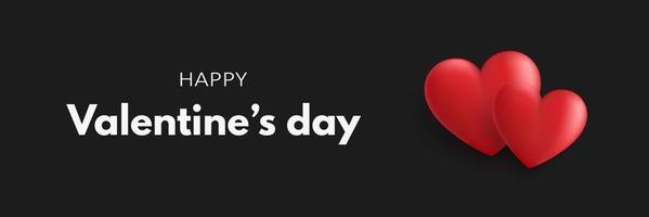 glad alla hjärtans dag banner med två röda 3d hjärtan på en svart bakgrund. vektor illustration
