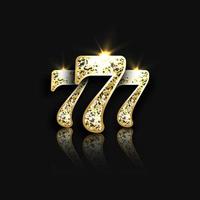 drei goldene glitzernde Siebener mit Reflektion auf schwarzem Hintergrund. Luxus-Casino-Banner Big Win Slots 777. Vektor-Illustration
