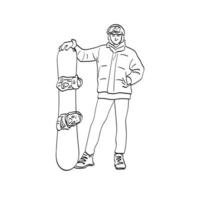 professioneller Snowboarder der Strichzeichnungen steht mit seiner Snowboardillustrations-Vektorhand gezeichnet lokalisiert auf weißem Hintergrund vektor