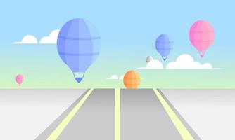 vektorillustration der berglandschaft mit energiegeladenen heißluftballonferienwochenenden mit hellen pastellfarben vektor