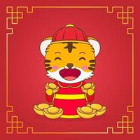 süßer tiger in der kostümzeichentrickfigur des gottes des reichtums. chinesische neujahrsfeier. vektor