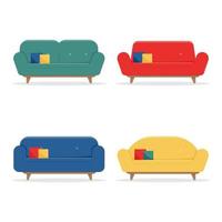 Sammlung moderner Sofas mit Kissen. isoliert auf weißem Hintergrund bequeme Couchmodelle für Wohnung oder Haus. Luxus-Mode-Innenmöbel zum Entspannen. vektor