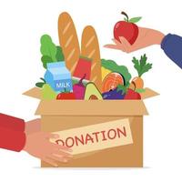 en låda full med mat skänks till människor i nöd. matbank, matdonation, välgörenhet och goodwill-koncept. vektor illustration i platt stil.