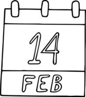 kalender hand dras i doodle stil. 14 februari Alla hjärtans dag, internationell bokutdelning, datum. ikon, klistermärke element för design. planering, affärssemester vektor