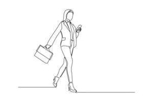 fortlaufende Linienzeichnung einer glücklichen jungen Geschäftsfrau mit Aktenkoffer. einzelne einzeilige kunst des büroangestellten. Vektor-Illustration vektor