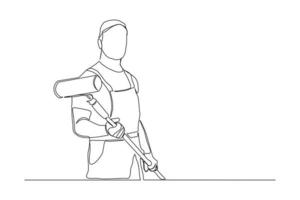 durchgehende Linienzeichnung eines jungen Handwerkers, der Bauuniform trägt, während er Farbroller hält. ein einzeiliges Servicekonzept für die Wandrenovierung von Malern. Vektor-Design-Illustration vektor