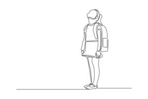 kontinuerlig linjeteckning av liten flickakvinna som går på gatan. begreppet student person med väska gå till skolan. vektor illustration