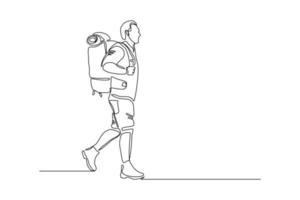 kontinuerlig en rad ritning av resande människor med ryggsäck. enda en linje konst av mannen vandring på toppen av berget. vektor illustration