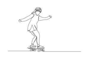 durchgehende Linienzeichnung einer jungen Frau, die Skateboard spielt. einzelnes einzeiliges kunstsport-vektorillustrationsthema. Person spielen Spiel für Übung und Hobby isoliert auf weißem Hintergrund vektor