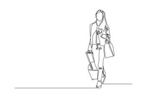 durchgehende Strichzeichnung einer Reisenden Frau mit Gepäck. einzelnes einzeiliges kunstkonzept des touristischen gehens mit koffer. Vektor-Illustration vektor