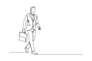 kontinuerlig linjeteckning av glad ung affärsman som håller portföljen. enda en linje konst av kontorsarbetare. vektor illustration