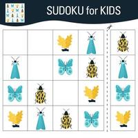 Sudoku-Spiel für Kinder mit Bildern. Cartoon-Schmetterlinge, Insekten und Elemente der Natur. Vektor. vektor