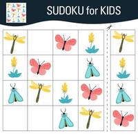 Sudoku-Spiel für Kinder mit Bildern. Cartoon-Schmetterlinge, Insekten und Elemente der Natur. Vektor. vektor