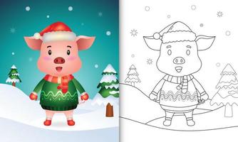 målarbok med en söt gris julfigurer med en tomtehatt, jacka och halsduk vektor