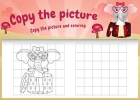 kopieren sie das bild kinderspiel und die ausmalseite mit einem niedlichen elefanten im valentinskostüm vektor