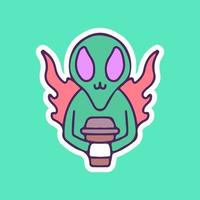 Alien in Flammen mit Kaffeetasse. Illustration für T-Shirts, Poster, Logos, Aufkleber oder Bekleidungswaren. vektor