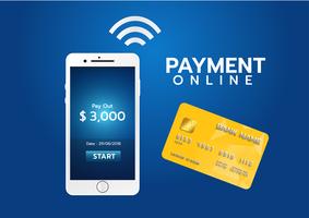 Mobilt betalningskoncept, Smartphone med behandling av mobila betalningar från kreditkort. Vektor illustration