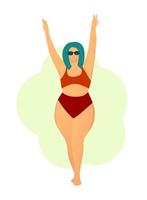 glad knubbig tjej i en röd baddräkt. kroppen är positiv. älskar din kropp. flickor på stranden. acceptans av din kropp. vektor