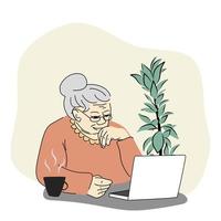 glückliche großmutter mit einem laptop, der in einem raum sitzt vektor
