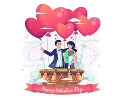 romantisches paar, das den valentinstag genießt, indem es einen heißluftballon fliegt. schwebende Ballons des Herzens über den Wolken. flache Vektorillustration vektor