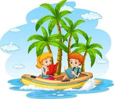 isolerad tecknad ö med barn på uppblåsbar båt vektor